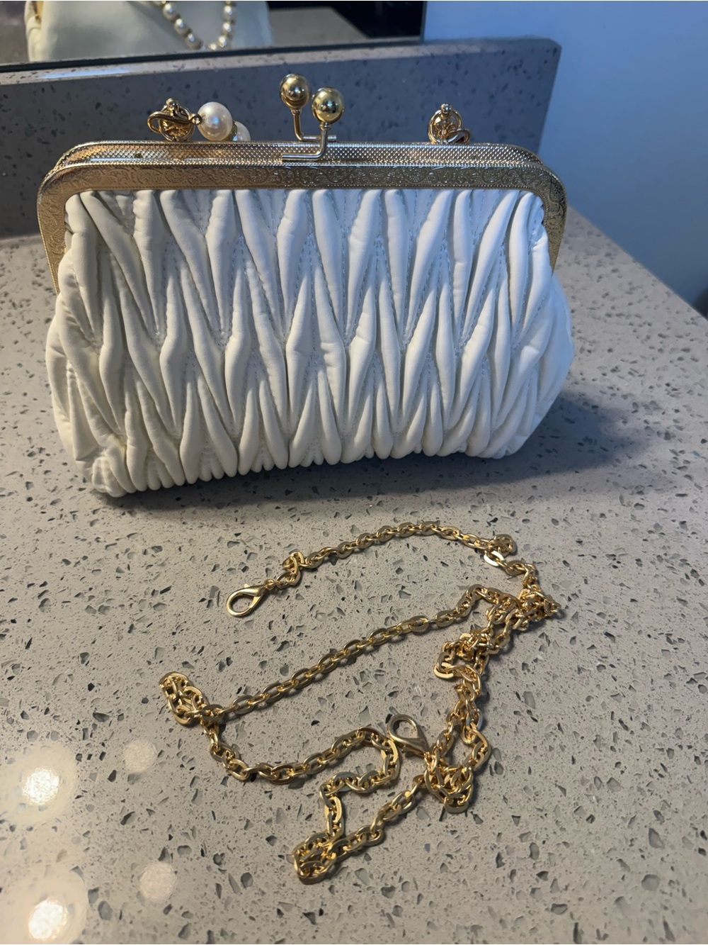 White Ruched Clutch with Gold Frame and Chain
